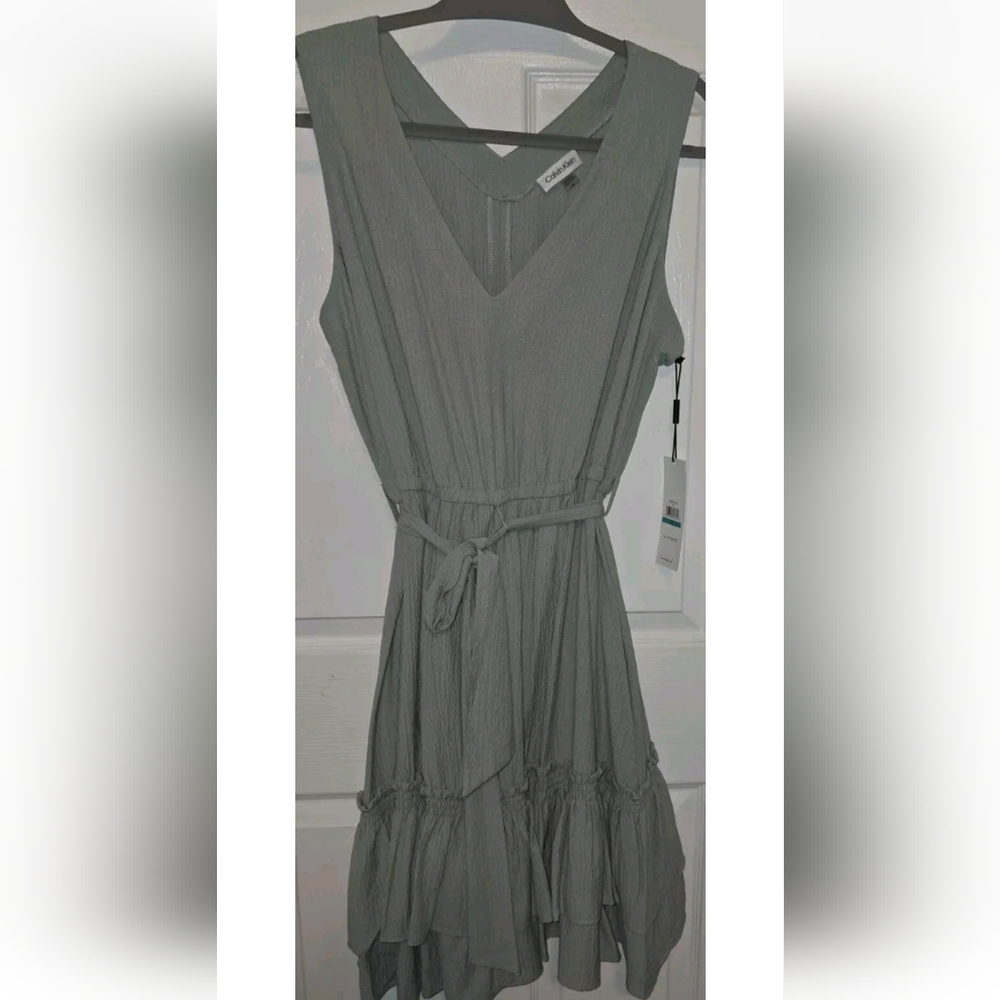 New With Tags Calvin Klein Dress With Belt Sage Green SLEEVELESS Size 16 PLUS